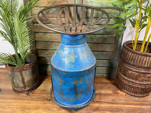 Vintage Reclaimed Recycled Blue Milk Churn Bar Stool Seat