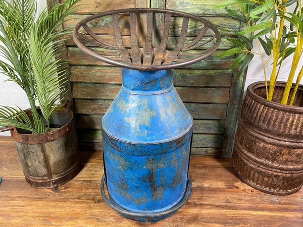 Vintage Reclaimed Recycled Blue Milk Churn Bar Stool Seat