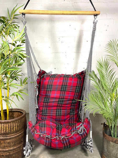 Reclaimed Hand Made Red Tartan Indian Padded Rope Swing Hammock Seat Chair
