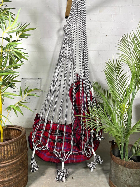 Reclaimed Hand Made Red Tartan Indian Padded Rope Swing Hammock Seat Chair