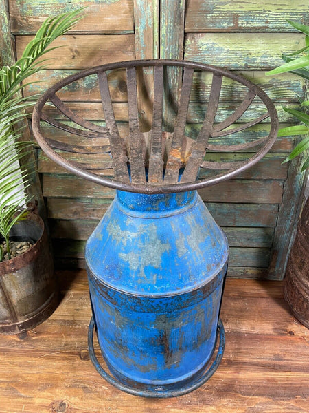 Vintage Reclaimed Recycled Blue Milk Churn Bar Stool Seat