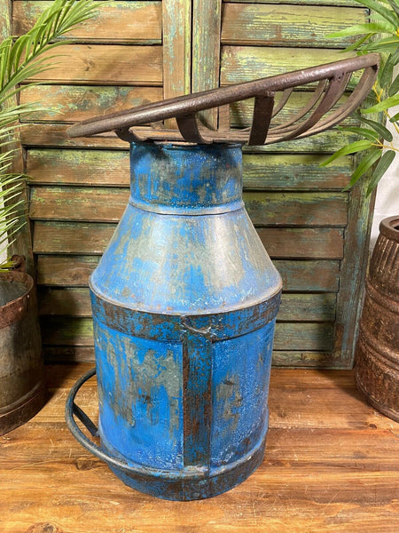 Vintage Reclaimed Recycled Blue Milk Churn Bar Stool Seat