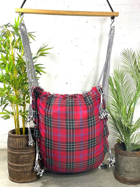 Reclaimed Hand Made Red Tartan Indian Padded Rope Swing Hammock Seat Chair