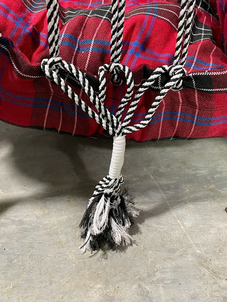 Reclaimed Hand Made Red Tartan Indian Padded Rope Swing Hammock Seat Chair