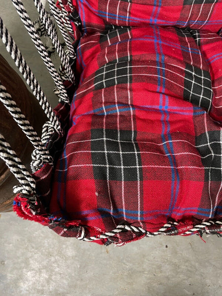 Reclaimed Hand Made Red Tartan Indian Padded Rope Swing Hammock Seat Chair
