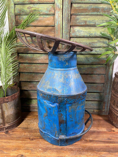 Vintage Reclaimed Recycled Blue Milk Churn Bar Stool Seat