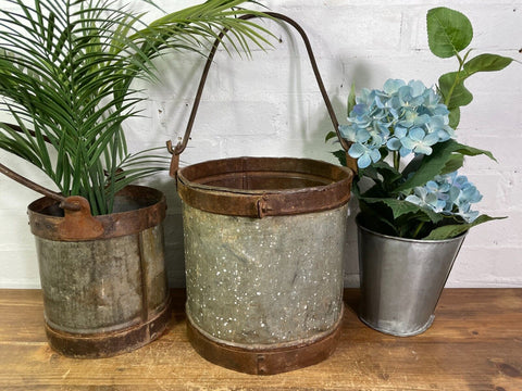 Vintage Heavy Duty Galvanised Iron Bucket With Handle Hanging Garden Planter