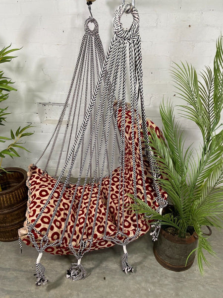 Reclaimed Hand Made Red  Indian Padded Rope Swing Hammock Seat Chair