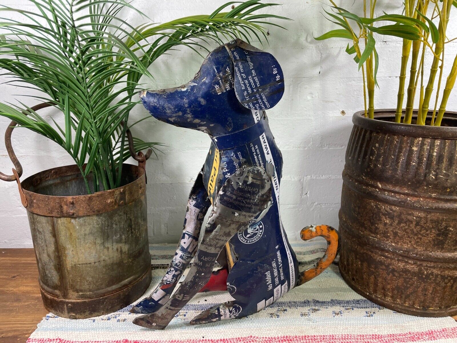 Hand Made Reclaimed Recycled Metal Oil Drum Paint Tin Dog Sculpture Garden