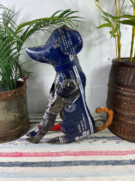 Hand Made Reclaimed Recycled Metal Oil Drum Paint Tin Dog Sculpture Garden