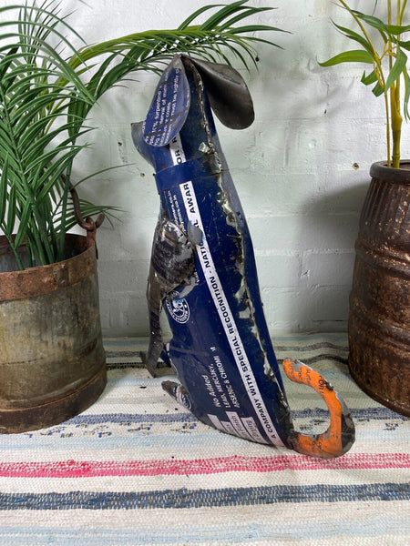 Hand Made Reclaimed Recycled Metal Oil Drum Paint Tin Dog Sculpture Garden
