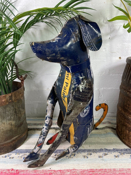 Hand Made Reclaimed Recycled Metal Oil Drum Paint Tin Dog Sculpture Garden