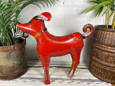 Hand Made Reclaimed Recycled Metal Oil Drum Paint Tin Dog Sculpture Garden