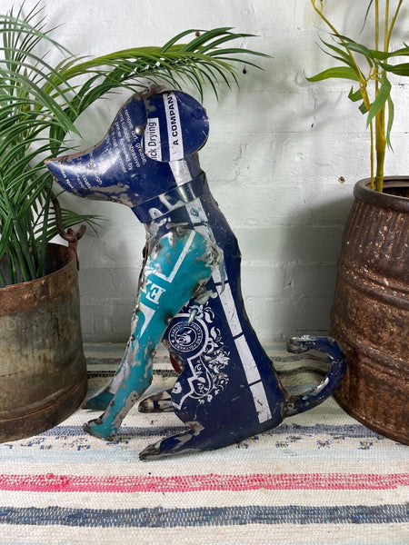 Hand Made Reclaimed Recycled Metal Oil Drum Paint Tin Dog Sculpture Garden