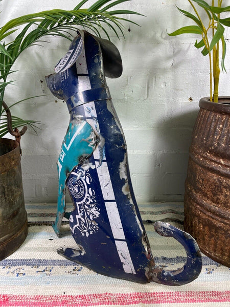 Hand Made Reclaimed Recycled Metal Oil Drum Paint Tin Dog Sculpture Garden