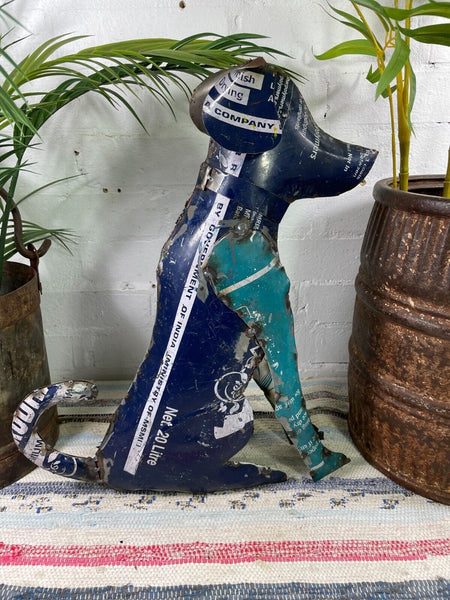 Hand Made Reclaimed Recycled Metal Oil Drum Paint Tin Dog Sculpture Garden