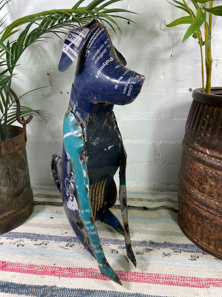Hand Made Reclaimed Recycled Metal Oil Drum Paint Tin Dog Sculpture Garden