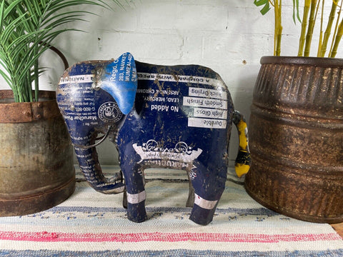 Hand Made Recycled Reclaimed Metal Oil Drum Paint Tin Elephant Sculpture Garden