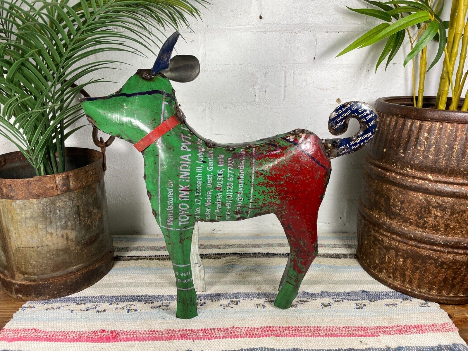 Hand Made Reclaimed Recycled Metal Oil Drum Paint Tin Dog Sculpture Garden