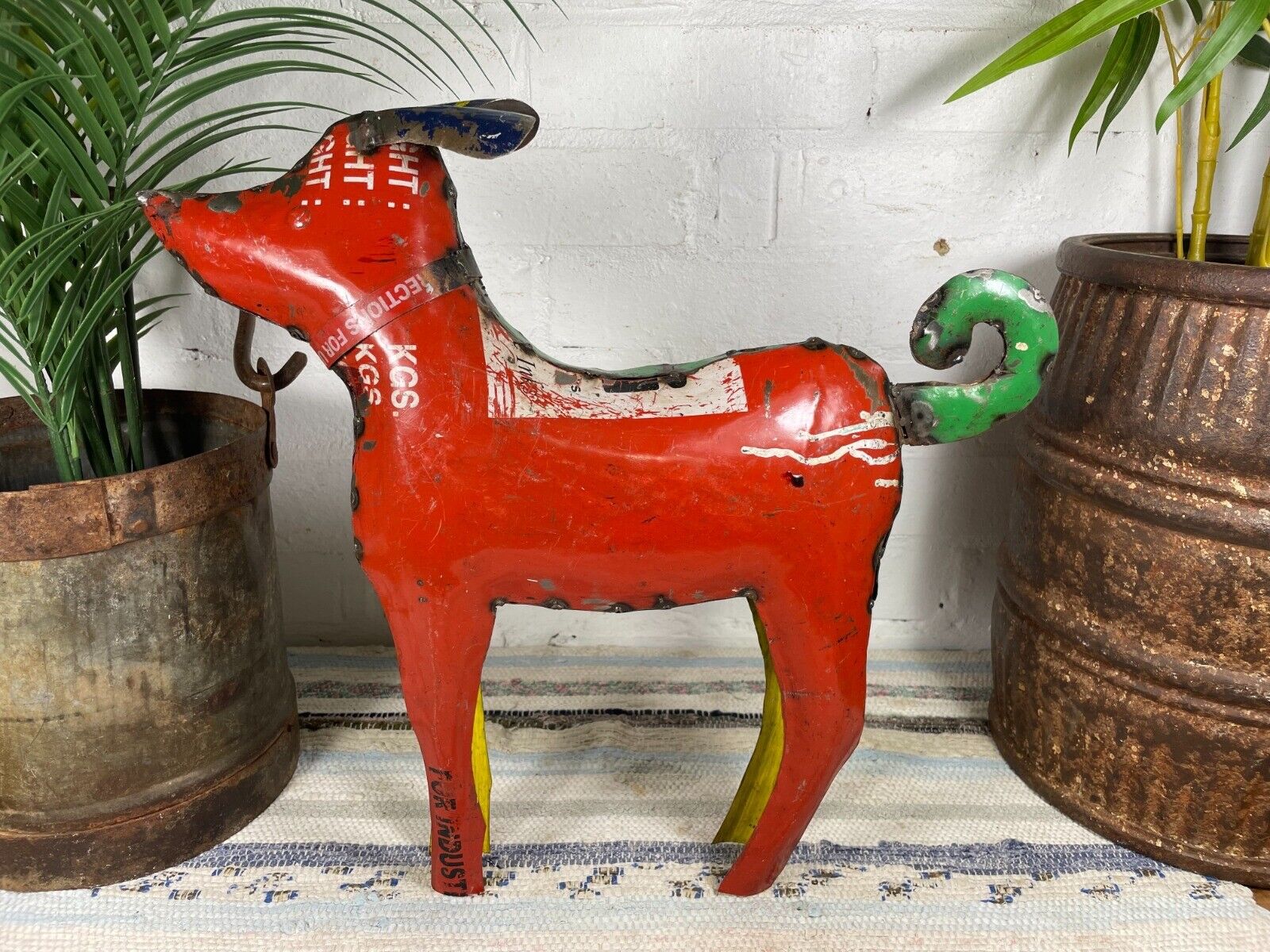 Hand Made Reclaimed Recycled Metal Oil Drum Paint Tin Dog Sculpture Garden