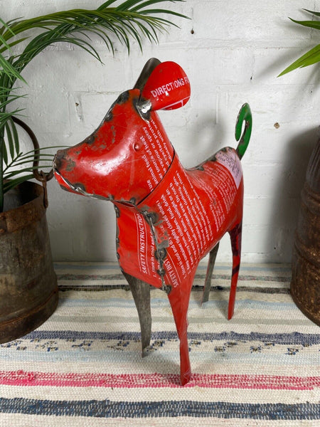 Hand Made Reclaimed Recycled Metal Oil Drum Paint Tin Dog Sculpture Garden
