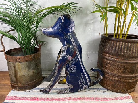 Hand Made Reclaimed Recycled Metal Oil Drum Paint Tin Dog Sculpture Garden