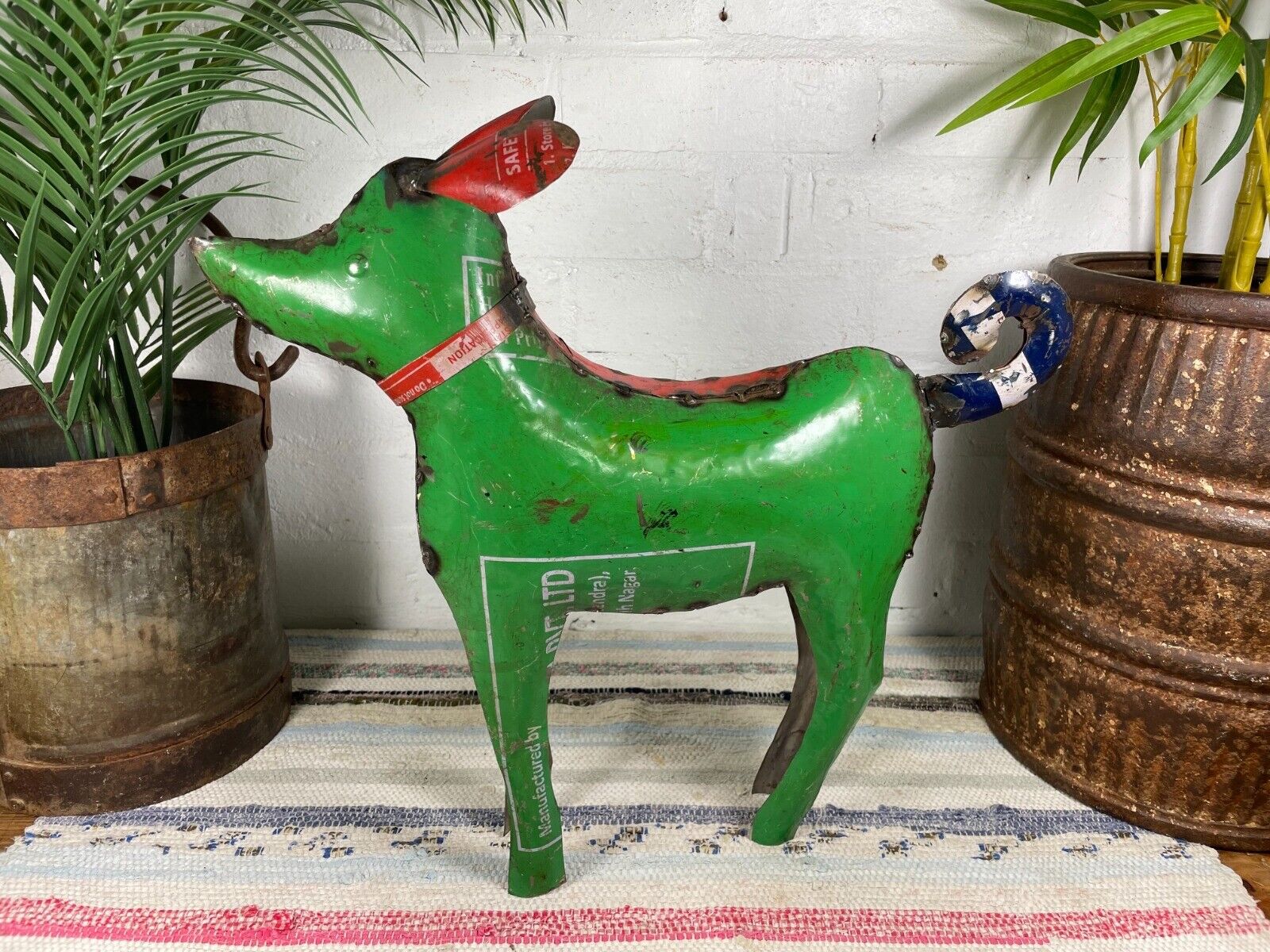 Hand Made Reclaimed Recycled Metal Oil Drum Paint Tin Dog Sculpture Garden