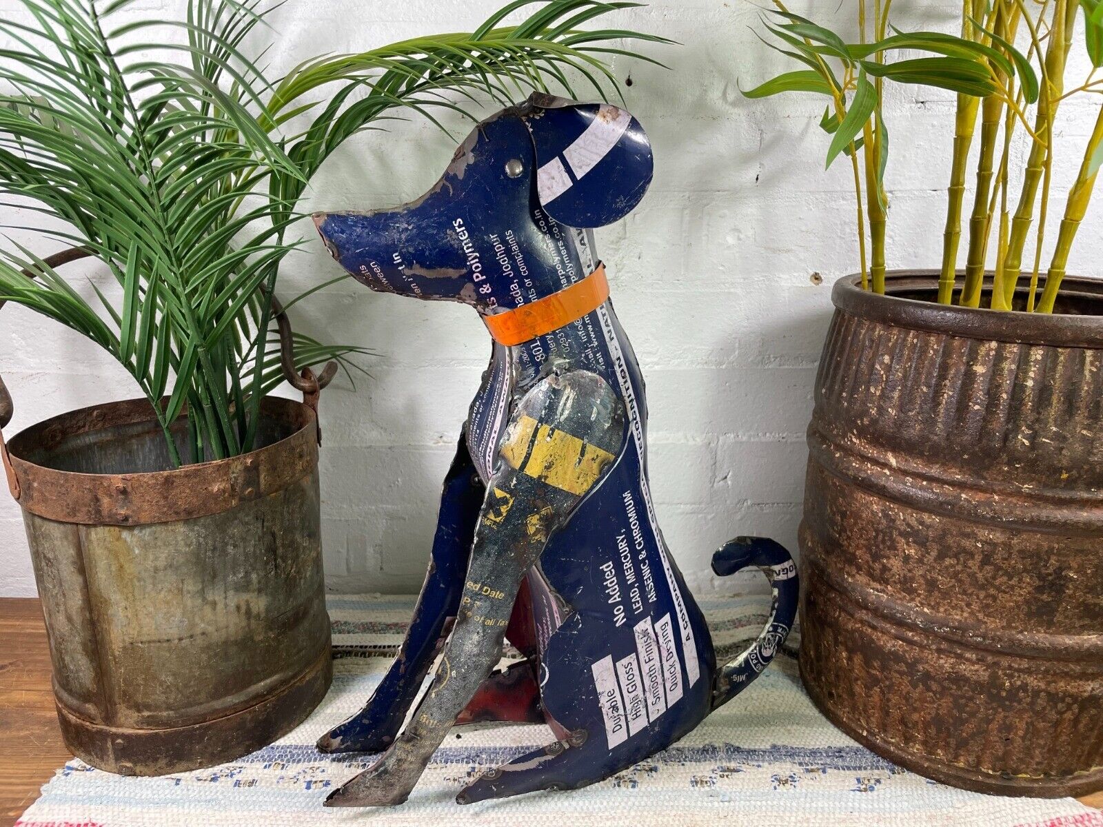 Hand Made Reclaimed Recycled Metal Oil Drum Paint Tin Dog Sculpture Garden