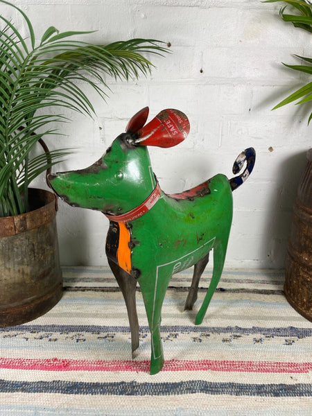 Hand Made Reclaimed Recycled Metal Oil Drum Paint Tin Dog Sculpture Garden