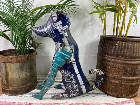 Hand Made Reclaimed Recycled Metal Oil Drum Paint Tin Dog Sculpture Garden
