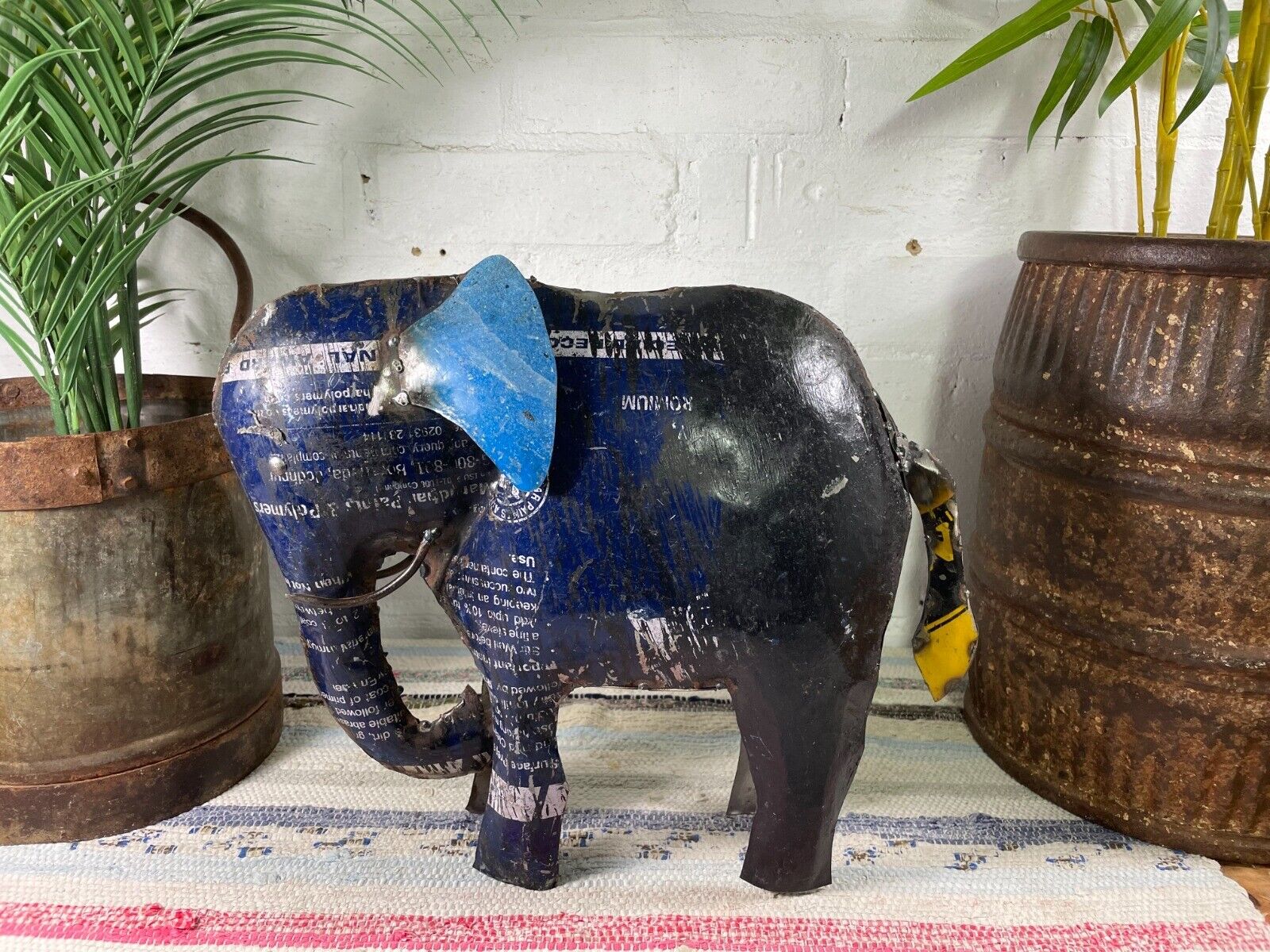 Hand Made Recycled Reclaimed Metal Oil Drum Paint Tin Elephant Sculpture Garden