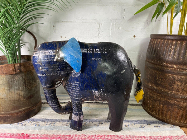 Hand Made Recycled Reclaimed Metal Oil Drum Paint Tin Elephant Sculpture Garden