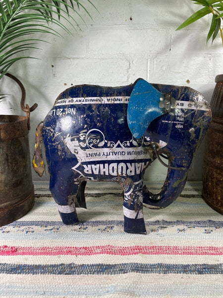 Hand Made Recycled Reclaimed Metal Oil Drum Paint Tin Elephant Sculpture Garden