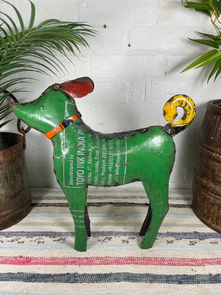 Hand Made Reclaimed Recycled Metal Oil Drum Paint Tin Dog Sculpture Garden