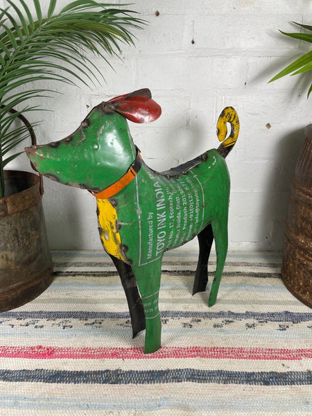 Hand Made Reclaimed Recycled Metal Oil Drum Paint Tin Dog Sculpture Garden