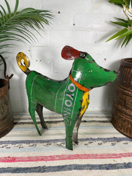 Hand Made Reclaimed Recycled Metal Oil Drum Paint Tin Dog Sculpture Garden