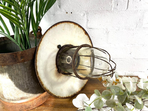 Vintage Reclaimed Industrial Enamel Caged Ceiling Exterior Light Revo