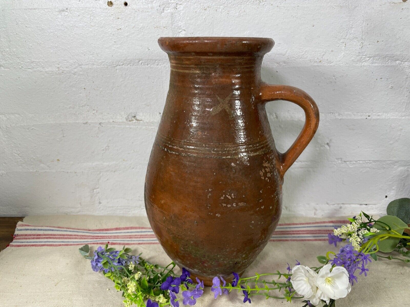 Antique Vintage French European Glazed Terracotta  Vase Jug Pitcher Confit Pot