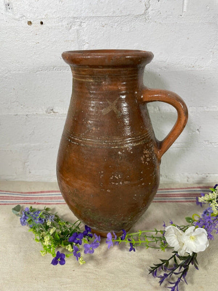 Antique Vintage French European Glazed Terracotta  Vase Jug Pitcher Confit Pot