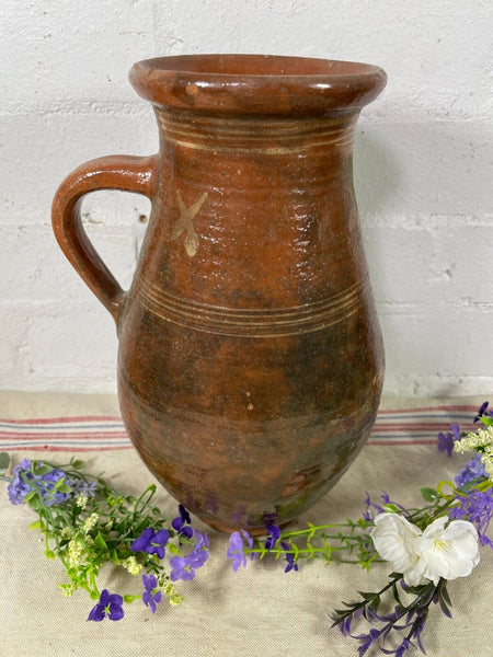 Antique Vintage French European Glazed Terracotta  Vase Jug Pitcher Confit Pot
