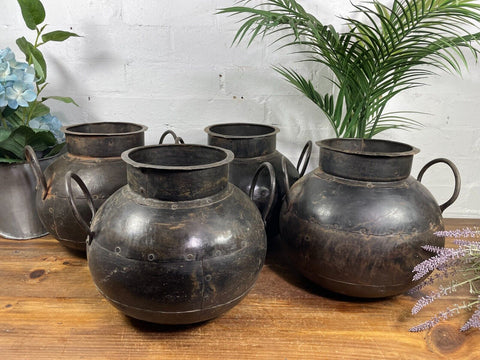Reclaimed Rustic Authentic Indian Hand Beaten Riveted Water Pot Vase Bowl Vessel