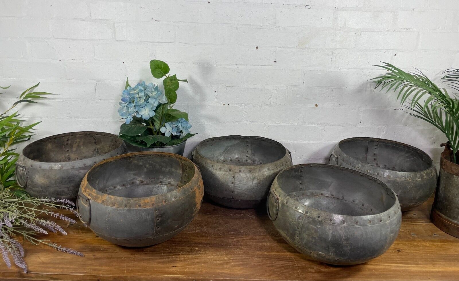 Vintage Rustic Authentic Indian Riveted Water Pot Vase Fruit Bowl Garden Planter