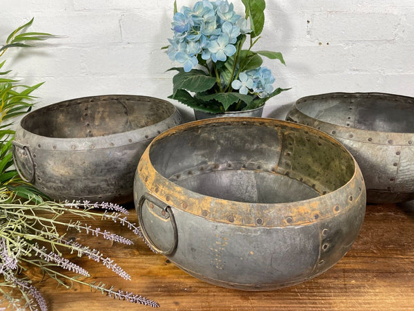 Vintage Rustic Authentic Indian Riveted Water Pot Vase Fruit Bowl Garden Planter