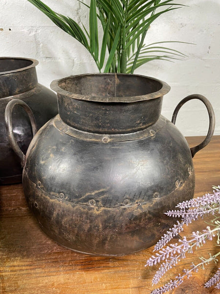 Reclaimed Rustic Authentic Indian Hand Beaten Riveted Water Pot Vase Bowl Vessel