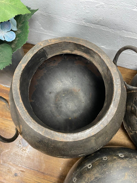 Reclaimed Rustic Authentic Indian Hand Beaten Riveted Water Pot Vase Bowl Vessel