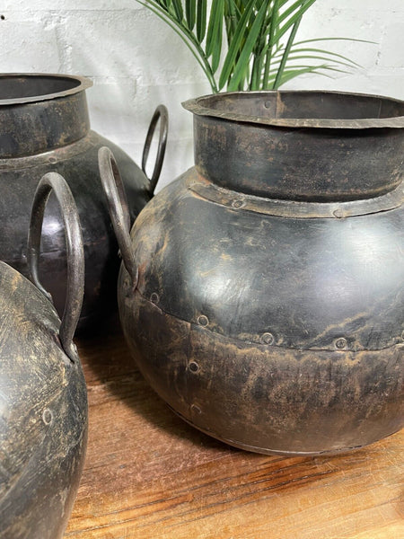 Reclaimed Rustic Authentic Indian Hand Beaten Riveted Water Pot Vase Bowl Vessel