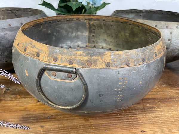 Vintage Rustic Authentic Indian Riveted Water Pot Vase Fruit Bowl Garden Planter