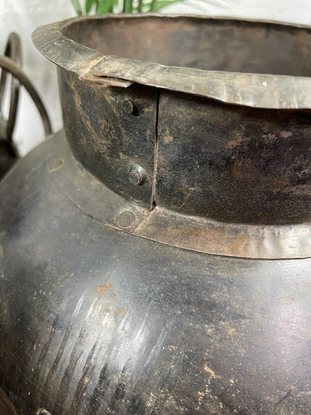 Reclaimed Rustic Authentic Indian Hand Beaten Riveted Water Pot Vase Bowl Vessel