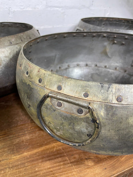 Vintage Rustic Authentic Indian Riveted Water Pot Vase Fruit Bowl Garden Planter
