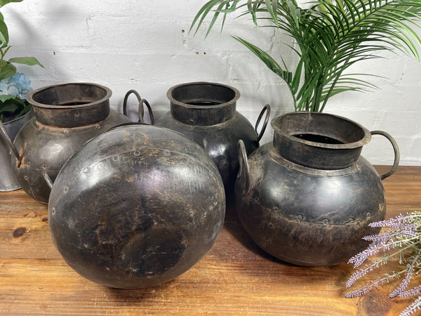 Reclaimed Rustic Authentic Indian Hand Beaten Riveted Water Pot Vase Bowl Vessel